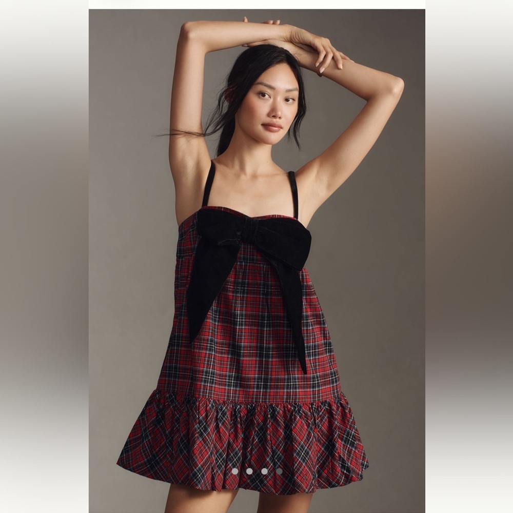 Anthropologie Saylor Lorelei Flounce Mini Dress Red Plaid Bow Size S